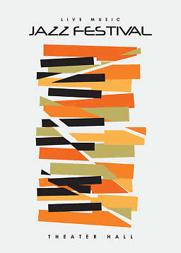 Poster astratto di festival jazz dal vivo con forme arancioni, nere e beige e testo Theater Hall