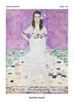 Poster med Gustav Klimts porträtt av en flicka i vit klänning mot lila blommig bakgrund.