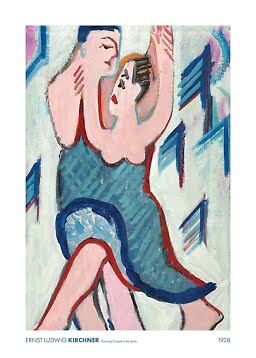 Expressionistisk målning av ett dansande par i snön, med blå klänning och ljus abstrakt bakgrund