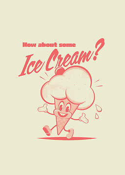 Retroillustration af smilende isvaffel med teksten "How about some Ice Cream?"