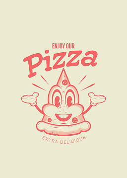 Retro pizzaillustration med smilende pizzaslice og teksten "Enjoy Our Pizza Extra Delicious"