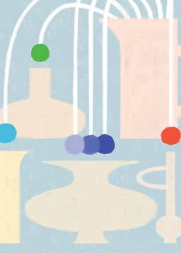 Abstract illustration with pale shapes, curved white lines, and colored circles on a light blue background
