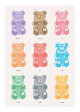 Color chart with nine gummy bear figures in purple, brown, pink, orange, red, blue, green, grey and yellow.