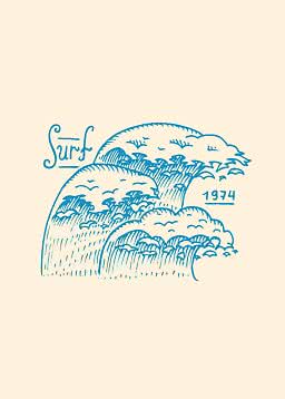 Blue line drawing of three ocean waves with the text "Surf 1974" on a beige background