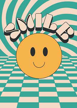 Poster smiley con volto giallo, sfondo turchese ondulato e pavimento a scacchi