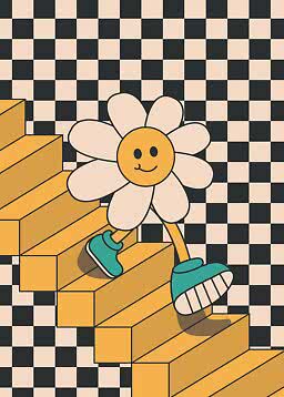 Illustration av en leende blomma med skor på gyllene trappor framför rutig bakgrund