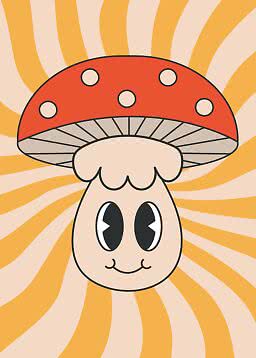 Cute illustrated mushroom with red cap on orange and beige wavy background