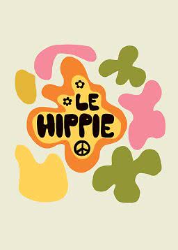 Poster retrò con scritta "Le Hippie", simbolo della pace e forme astratte rosa, gialle e verdi