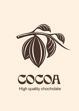 Stilisiertes Kakaopflanzen-Logo mit dem Text "COCOA High quality chocholate" auf beigem Hintergrund