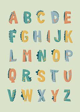 Colorful alphabet poster with playful dinosaur-style letters on a light green background