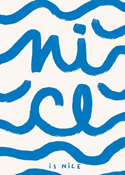 Abstraktes Poster mit blauen Wellenformen und dem Wort "nice" auf weißem Hintergrund