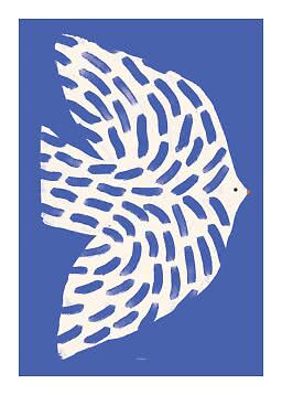 Stylized white bird with blue stripes on a blue background