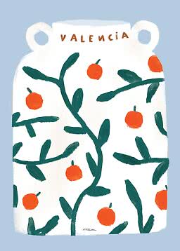 Illustration einer weißen Vase mit zwei Henkeln, grünen Zweigen, orangefarbenen Früchten und Valencia