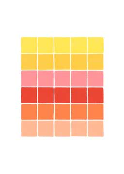 Raster met kleurstalen in gele, roze, rode, oranje en perzikkleuren op witte achtergrond