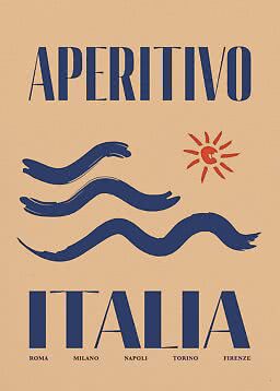 Vintage Italy travel poster with blue waves, red sun, and city names on a beige background
