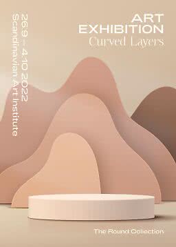 Poster voor kunsttentoonstelling met beige gelaagde golven en een rond podium.