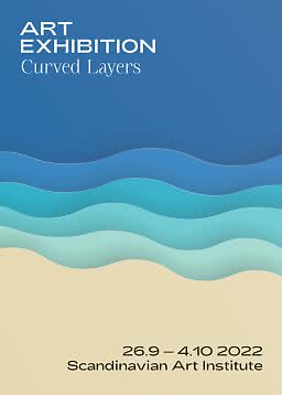 Art exhibition poster with layered blue waves and the text "Art Exhibition: Curved Layers".