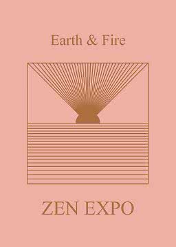Poster mit "Earth & Fire" und "ZEN EXPO" sowie brauner geometrischer Sonnengrafik auf rosa Hintergrund
