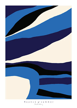 Abstract poster with wavy shapes in blue, cream, black and dark purple, with text "Nuance of summer"
