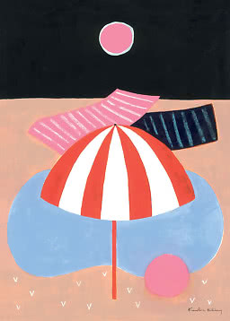 Abstract beach scene with red and white umbrella, blue towels and pink sun against black sky