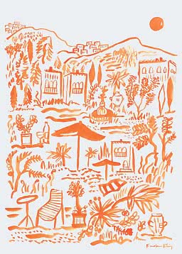 Orange illustration of a Mediterranean landscape with houses, trees, umbrellas and sun on a light background
