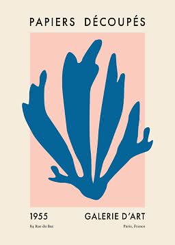Abstrakt kunstplakat med blå organisk form på rosa felt og fransk tekst.