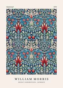 William Morris-plakat med Snakeshead-mønster i blå, rød og creme med blomster og slyngende ranker