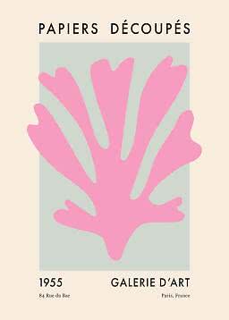 Abstract art poster with large pink leaf shape, "Papiers Découpés" text, and gallery details.