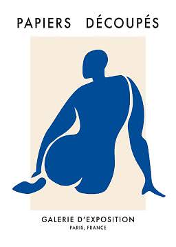 Abstract poster with blue seated figure on beige background and French text.