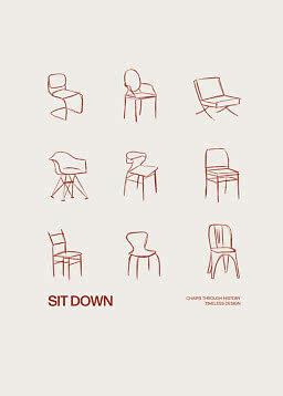 Plakat med ni røde stregtegninger af stole på beige baggrund og teksten "Sit Down".