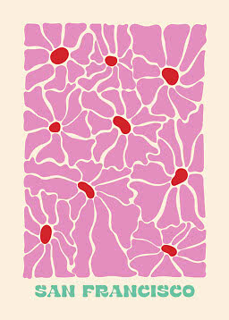 Affiche abstraite de San Francisco avec formes roses organiques, accents rouges et texte vert en bas