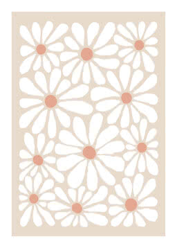 Blomstermønster med hvide margueritter og ferskenfarvede midter på beige baggrund