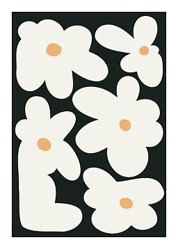 Imprimé floral abstrait avec grandes fleurs crème et cœurs orange clair sur fond noir