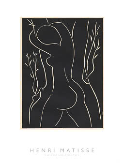 Henri Matisse poster with abstract black-and-white line drawing of a nude figure among trees