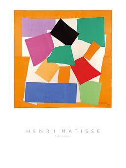 Plakat med Henri Matisse 'The Snail' og farverige abstrakte papirformer på orange baggrund.