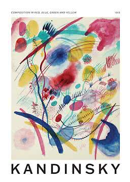 Kandinsky-affisch med abstrakt målning i röda, blå, gröna och gula former och linjer