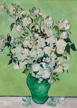 Bouquet peint de roses blanches dans un vase vert sur une table, fond vert clair