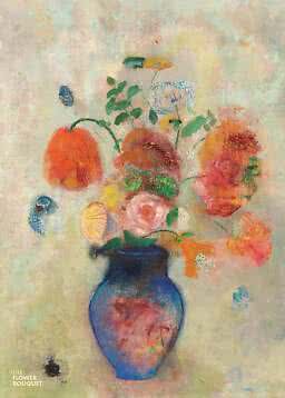 Bouquet peint dans un vase bleu avec fleurs orange, roses et jaunes sur fond clair
