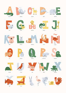Colorful animal alphabet poster with letters A-Z and cute animal illustrations on a white background