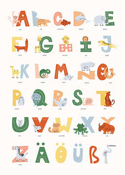 Colorful alphabet poster with cute animals integrated into letters on a light background