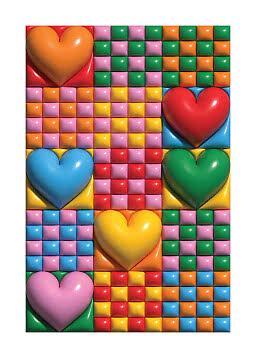 Colorful pattern with glossy hearts in orange, red, blue, green, yellow and pink on a tiled background