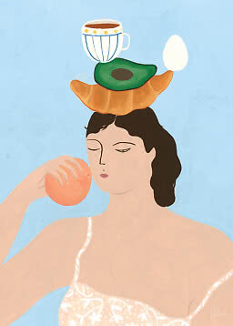 Illustration einer Frau mit Pfirsich, auf dem Kopf Croissant, Avocado, Ei und Kaffeetasse