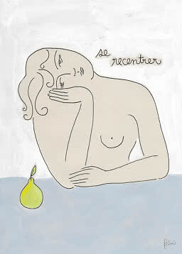 Minimalist illustration of a nude woman at a table with a green pear and the words "se recentrer".