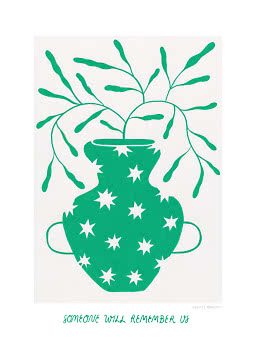 Green illustrated vase with white stars and long leafy branches on a white background