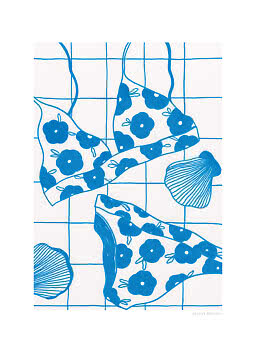 Blue and white illustration of floral bikini bottoms on a grid background with seashells