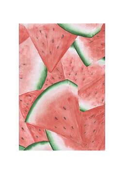 Motif aquarelle de tranches de pastèque superposées en rose, vert et blanc