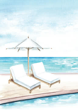 Acquerello con due lettini bianchi e un ombrellone accanto alla piscina vista mare