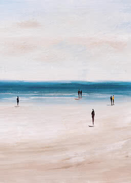 Abstract beach painting with small figures by the shoreline under a pale sky