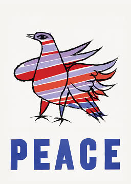 Illustration eines gestreiften Vogels in Lila, Rot und Weiß mit dem Wort PEACE