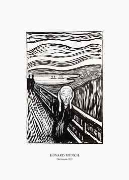 Poster in bianco e nero de L'Urlo di Edvard Munch con figura urlante su un ponte